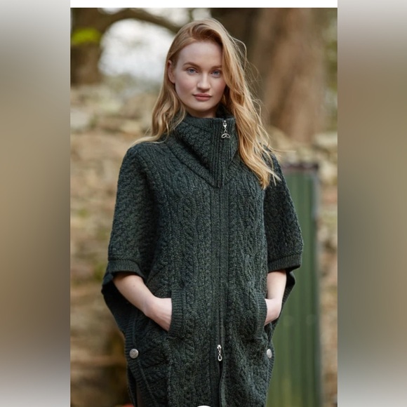 Aran Crafts Sweaters - Aran Crafts Dark Green Cable Knit Poncho
